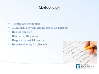 Methodology
• Tailored Design Method
• Mailed hard copy and emailed to 58,068 members
• Re-mail reminder
• Received 4,883 surveys
• Response rate of 8.4 percent
• Incentive drawing for gift cards
 