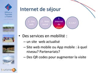 Internet de séjour
                             3.
     1 . Site   2 . Web   Internet
                                     4. A.N.T
      web        social      de
                           séjour


• Des services en mobilité :
  – un site web actualisé
  – Site web mobile ou App mobile : à quel
    niveau? Partenariats?
  – Des QR codes pour augmenter la visite
 