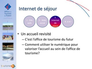 Internet de séjour
                             3.
     1 . Site   2 . Web   Internet
                                     4. A.N.T
      web        social      de
                           séjour


• Un accueil revisité
  – C’est l’office de tourisme du futur
  – Comment utiliser le numérique pour
    valoriser l’accueil au sein de l’office de
    tourisme?
 