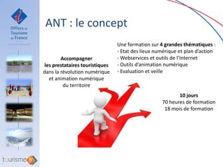 ANT : le concept
                                Une formation sur 4 grandes thématiques :
                                - Etat des lieux numérique et plan d’action
        Accompagner             - Webservices et outils de l’Internet
les prestataires touristiques   - Outils d’animation numérique
dans la révolution numérique    - Evaluation et veille
  et animation numérique
         du territoire
                                                          10 jours
                                                   70 heures de formation
                                                    18 mois de formation
 