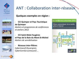 ANT : Collaboration inter-réseaux
 Quelques exemples en région :

- CCI Quimper et Pays Touristique
de Quimper
Ateliers et programme de conférences
et ateliers 2012

- CCI Saint-Malo Fougères
et Pays de la Baie du Mont St-Michel
Ateliers de sensibilisation

- Réseaux inter-filières
Cybermassif (Auvergne),
CyberCorrèze (Limousin) …
 
