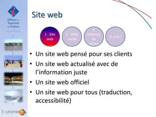 Site web
                             3.
     1 . Site   2 . Web   Internet
                                     4. A.N.T
      web        social      de
                           séjour

• Un site web pensé pour ses clients
• Un site web actualisé avec de
  l’information juste
• Un site web officiel
• Un site web pour tous (traduction,
  accessibilité)
 