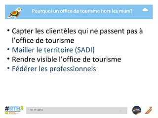 Pourquoi un office de tourisme hors les murs? 
• Capter les clientèles qui ne passent pas à 
l’office de tourisme 
• Mailler le territoire (SADI) 
• Rendre visible l’office de tourisme 
• Fédérer les professionnels 
19/ 11 / 2014 -5- 
 