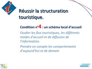 Réussir la structuration
touristique.
Condition n°4 : un schéma local d’accueil
Etudier les flux touristiques, les différents
modes d’accueil et de diffusion de
l’information.
Prendre en compte les comportements
d’aujourd’hui et de demain
 