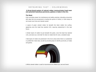 REFRAMING                 FAST          :   COLORWORKS

 A three-tiered system of colored rubber communicates tread wear
and potential hazardous punctures, gashes or leaks in the tire.

The Need
Color promotes proper tire maintenance and safety practices, educating consumers
with ease that are accustomed to trusting the opinion of others’, or that simply do
not invest much time and interest overall.


• Layers of green colored rubber lie beneath the black rubber tire surface,
appearing once the tread has reached 2/32, requiring replacement in the near
future.


• Amber layers of rubber lie just beneath the green, once the tread has reached
1/32, and serve as a reminder for when to rotate tires for even, consistent wear.


• Red layers of rubber are positioned in the tire to show when there is a substantial
or problematic tread wear, as well as providing easy-to-identify punctures, air leaks
and gashes.




• White colored rubber is used to recommend tire inflation psi, size and brand.
 