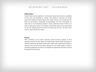 REFRAMING                   FAST        :   COLORWORKS



Differentiate
Colored rubber has the potential to communicate clearly with consumers, regardless
of their prior tire knowledge or interest. The majority of consumer tire brands
assume the traditional product design: black rubber, leaving a lot of guess work for
those not well-versed in researched tire technologies. This lack of knowledge can
easily lead to tire maintenance neglect or worse, catastrophic failure if there is no
other trusted opinion source. The concept of ColorWorks assumes the responsibility
for the user, allowing them the comfort of knowing their tire will, “let them know”
when an issue with their tire arises.




Proven
FAST ColorWorks could provide interactive point-of-purchase displays to allow
potential customers to learn about the colored-rubber system before purchasing. A
dissected display tire will clearly identify each colored layer, explaining the system to
develop trust at the point of purchase. Because this color-coded system is aimed at
preventing catastrophic tire failure, an extended tire replacement warranty could also
encourage first-time buyers.
 