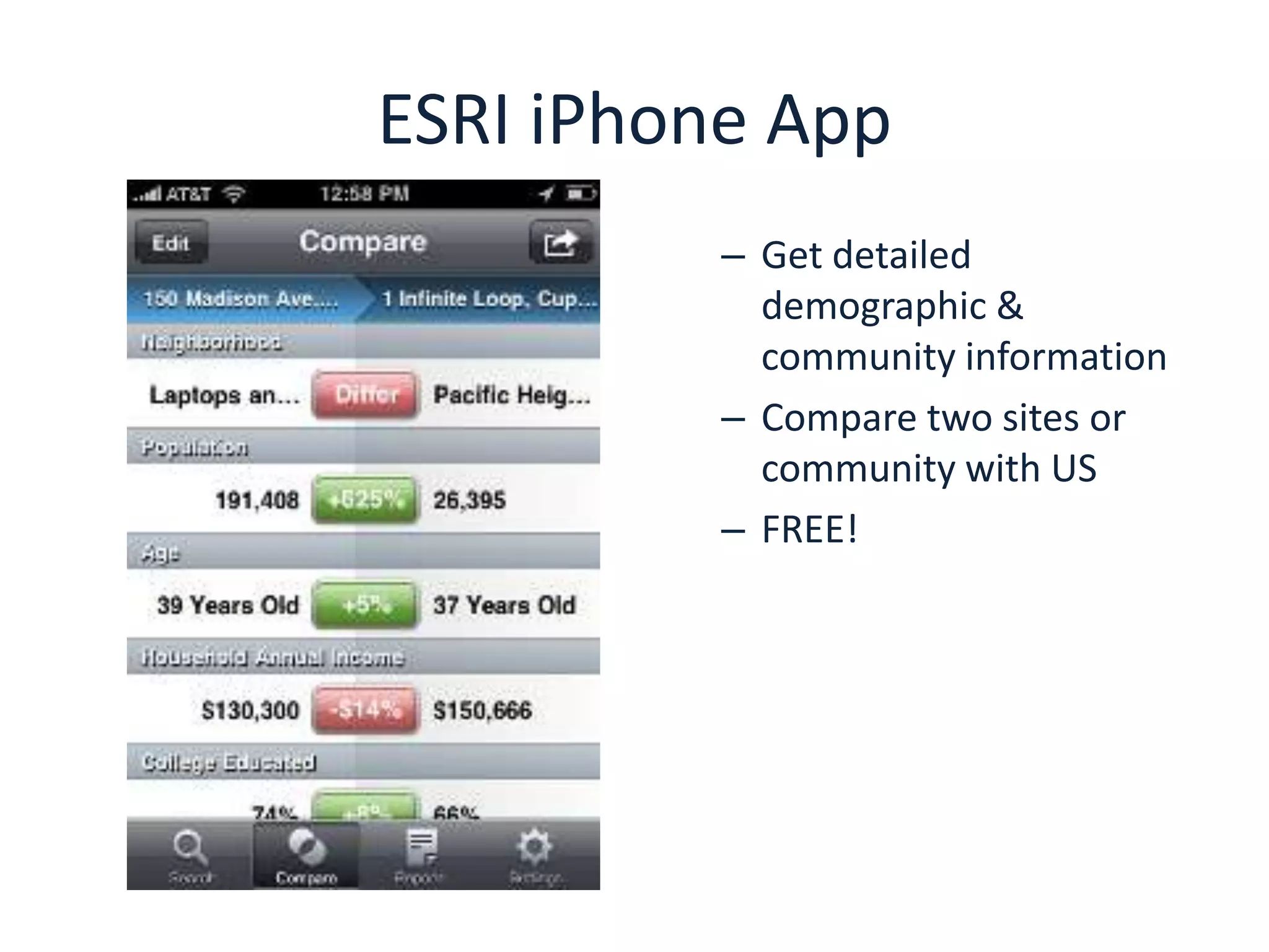 ESRI iPhone App
          – Get detailed
            demographic &
            community information
          – Compare two sites or
            community with US
          – FREE!
 