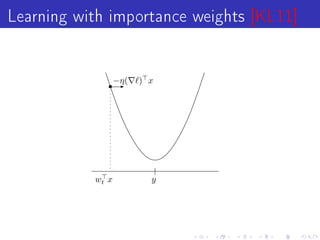 Learning with importance weights [KL11]

                  −η(   ) x




           wt x           y
 