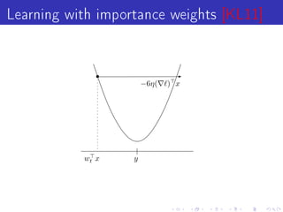 Learning with importance weights [KL11]

                       −6η(   ) x




           wt x    y
 