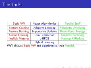 The tricks

      Basic VW         Newer Algorithmics       Parallel Stu

   Feature Caching     Adaptive Learning    Parameter Averaging
   Feature Hashing     Importance Updates    Nonuniform Average
   Online Learning      Dim. Correction       Gradient Summing
   Implicit Features        L-BFGS            Hadoop AllReduce
                        Hybrid Learning
  We'll discuss Basic VW and algorithmics, then Parallel.
 