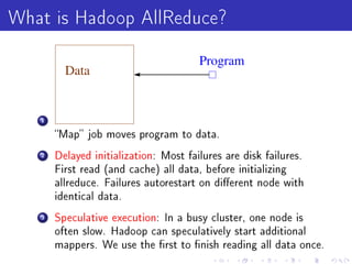 What is Hadoop AllReduce?
                                       Program
         Data


   1

       Map job moves program to data.

   2   Delayed initialization: Most failures are disk failures.
       First read (and cache) all data, before initializing
       allreduce. Failures autorestart on dierent node with
       identical data.

   3   Speculative execution: In a busy cluster, one node is
       often slow. Hadoop can speculatively start additional
       mappers. We use the rst to nish reading all data once.
 