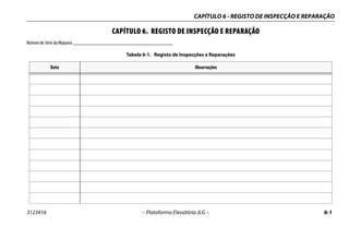 CAPÍTULO 6 - REGISTO DE INSPECÇÃO E REPARAÇÃO
3123416 – Plataforma Elevatória JLG – 6-1
CAPÍTULO 6. REGISTO DE INSPECÇÃO E REPARAÇÃO
Número de Série da Máquina _______________________________________
Tabela 6-1. Registo de Inspecções e Reparações
Data Observações
 