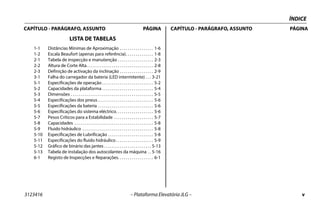 ÍNDICE
3123416 – Plataforma Elevatória JLG – v
CAPÍTULO - PARÁGRAFO, ASSUNTO PÁGINA CAPÍTULO - PARÁGRAFO, ASSUNTO PÁGINA
LISTA DE TABELAS
1-1 Distâncias Mínimas de Aproximação . . . . . . . . . . . . . . . . . 1-6
1-2 Escala Beaufort (apenas para referência). . . . . . . . . . . . . . 1-8
2-1 Tabela de inspecção e manutenção . . . . . . . . . . . . . . . . . . 2-3
2-2 Altura de Corte Alta. . . . . . . . . . . . . . . . . . . . . . . . . . . . . . . . . . 2-8
2-3 Definição de activação da inclinação . . . . . . . . . . . . . . . . . 2-9
3-1 Falha do carregador da bateria (LED intermitente) . . . 3-21
5-1 Especificações de operação . . . . . . . . . . . . . . . . . . . . . . . . . . 5-2
5-2 Capacidades da plataforma . . . . . . . . . . . . . . . . . . . . . . . . . . 5-4
5-3 Dimensões . . . . . . . . . . . . . . . . . . . . . . . . . . . . . . . . . . . . . . . . . . 5-5
5-4 Especificações dos pneus . . . . . . . . . . . . . . . . . . . . . . . . . . . . 5-6
5-5 Especificações da bateria . . . . . . . . . . . . . . . . . . . . . . . . . . . . 5-6
5-6 Especificações do sistema eléctrico. . . . . . . . . . . . . . . . . . . 5-6
5-7 Pesos Críticos para a Estabilidade . . . . . . . . . . . . . . . . . . . . 5-7
5-8 Capacidades . . . . . . . . . . . . . . . . . . . . . . . . . . . . . . . . . . . . . . . . 5-8
5-9 Fluido hidráulico . . . . . . . . . . . . . . . . . . . . . . . . . . . . . . . . . . . . 5-8
5-10 Especificações de Lubrificação . . . . . . . . . . . . . . . . . . . . . . . 5-8
5-11 Especificações do fluido hidráulico . . . . . . . . . . . . . . . . . . . 5-9
5-12 Gráfico de binário das jantes . . . . . . . . . . . . . . . . . . . . . . . . 5-13
5-13 Tabela de instalação dos autocolantes da máquina . . 5-16
6-1 Registo de Inspecções e Reparações. . . . . . . . . . . . . . . . . . 6-1
 