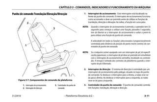 CAPÍTULO 3 - COMANDOS, INDICADORES E FUNCIONAMENTO DA MÁQUINA
3123416 – Plataforma Elevatória JLG – 3-11
Punho de comando Translação/Elevação/Direcção 1. Interruptor de accionamento - Este interruptor está localizado na
frente do punho de comando. O interruptor de accionamento funciona
como accionador e deve ser premido antes de utilizar as funções de
translação, direcção e elevação. Ao soltar, a função em curso pára.
NOTA: Quando o interruptor de accionamento é premido, o operador tem (5)
segundos para começar a utilizar uma função, passados 5 segundos,
tem de libertar-se o interruptor de accionamento e voltar a premi-lo
para utilizar uma função do punho de comando.
A velocidade em todas as funções seleccionadas é proporcionalmente
controlada pela distância da posição de ponto-morto (centro) do con-
trolador do punho de comando.
NOTA: Se a máquina estiver equipada com um interruptor de pé (só especifi-
cações japonesas), o interruptor de pé deve ser premido em simultâneo
com o interruptor de accionamento vermelho, localizado no controla-
dor. A energia é retirada dos controlos da plataforma quando o inter-
ruptor de pé é libertado.
2. Interruptor de direcção - O sistema de direcção é controlado por um
interruptor de accionamento pelo polegar, situado no topo do punho
de comando. Se deslocar o interruptor para a direita, a rodas virar-se-
ão para a direita. Ao deslocar o interruptor para a esquerda, as rodas
virar-se-ão para a esquerda.
3. Controlador do punho de comando - O punho de comando controla
três funções: translação, elevação e direcção.
Figura 3-7. Componentes de comando da plataforma
1. Interruptor de accionamento
2. Interruptor de direcção
3. Controlador do punho de
comando
2
3
1
 