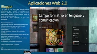 "Un blog es un sitio web periódicamente
actualizado que recopila cronológicamente
textos o artículos de uno o varios autores,
apareciendo primero el más reciente, donde el
autor conserva siempre la
libertad de dejar publicado lo que crea
pertinente...
Aplicación Didáctica:
Reforzar el carácter temporal del aprendizaje.
Estudiar los contenidos fuera del horario
lectivo, con una visión más activa y
colaborativa.
Crear diferentes soportes de actividades
didácticas.
Fomentar la motivación y el cambio del rol del
alumnado, hasta ahora pasivo.
Añadir diferentes medios al estudio (videos,
imágenes, links…).
Trabajar la creatividad tecnológica.
Calificación personal: Excelente.
URL
http://retosdelacomunicaciongral.blogspot.mx/
Índice
 