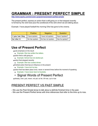 GRAMMAR : PRESENT PERFECT SIMPLE
http://www.ego4u.com/en/cram-up/grammar/present-perfect-simple

The present perfect, express an action that is still going on or that stopped recently.
Is formed by the verb have plus the conditional of the verb which we are talking about.

Example: I have played football this morning/ She has gone to the cinema.


                            Positive              Negative                Question
I / you / we / they    I have spoken.       I have not spoken.         Have I spoken?
he / she / it          He has spoken.       He has not spoken.         Has he spoken?




Use of Present Perfect
  ● puts emphasis on the result
    ● Example: She has written five letters.
  ● action that is still going on
    ● Example: School has not started yet.
  ● action that stopped recently
    ● Example: She has cooked dinner.
  ● finished action that has an influence on the present
    ● Example: I have lost my key.
  ● action that has taken place once, never or several times before the moment of speaking
    ● Example: I have never been to Australia.
   ●    Signal Words of Present Perfect
  ● already, ever, just, never, not yet, so far, till now, up to now


PRESENT PERFECT VS PAST SIMPLE
- We use the Past Simple tense to talk about a definite finished time in the past.
- We use the Present Perfect tense with time references that refer to the time up to now.
 
