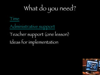 What do you need? Time   Administrative support   Teacher support (one lesson) Ideas for implementation 
