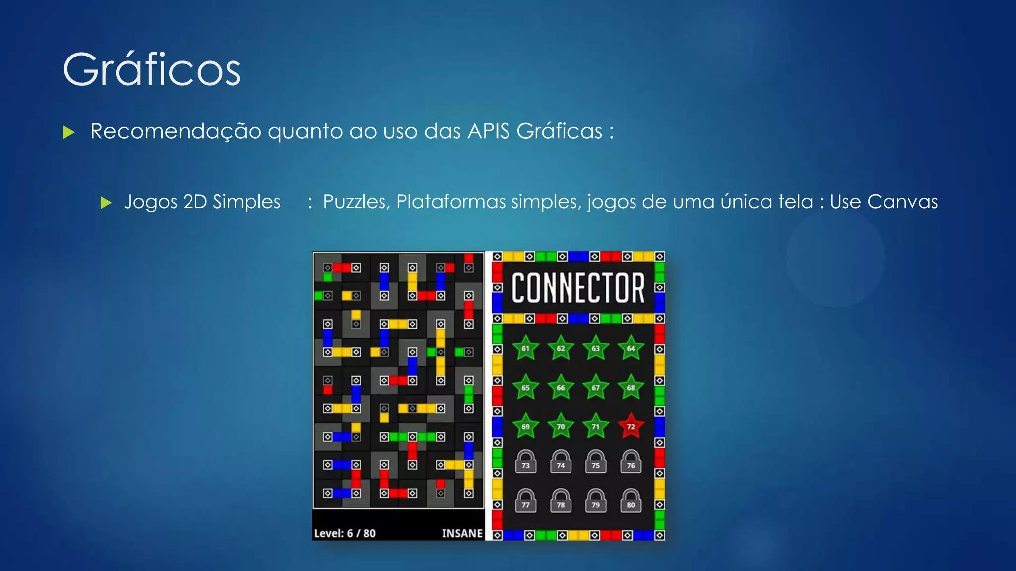 Gráficos
 Recomendação quanto ao uso das APIS Gráficas :
 Jogos 2D Simples : Puzzles, Plataformas simples, jogos de uma única tela : Use Canvas
 