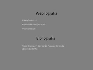 Webliografia
www.gforum.tv
www.flickr.com/photos/
www.apecv.pt

Bibliografia
“Júlio Resende” - Bernardo Pinto de Almeida –
Editora Caminho

 