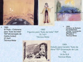 1965 S/Título - Ciclorama para "Auto da India" TEP [Encenação de Carlos Avilez] 27,5x41 Técnica Mista 1968 Cenário de Bailado da Gulbenkian "Judas" Coreógrafa Águeda Sena 37,5x50,5 Técnica Mista 1965 Figurino para "Auto da India" TEP 32,7x21 Técnica Mista 1969 Estudo para Cenário "Auto da Alma"TEP Encenação de Luis Tito 14,6x18,8 Técnica Mista 
