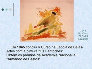 Em  1945  conclui o Curso na Escola de Belas-Artes com a pintura "Os Fantoches". Obtém os prémios da Academia Nacional e "Armando de Bastos".   1944 No Circo 22,5x29 Aguarela 