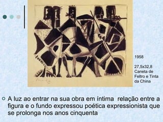 A luz ao entrar na sua obra em íntima  relação entre a figura e o fundo expressou poética expressionista que se prolonga nos anos cinquenta 1958 27,5x32,8 Caneta de Feltro e Tinta da China 