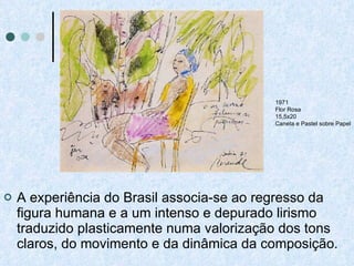 A experiência do Brasil associa-se ao regresso da figura humana e a um intenso e depurado lirismo traduzido plasticamente numa valorização dos tons claros, do movimento e da dinâmica da composição. 1971 Flor Rosa 15,5x20 Caneta e Pastel sobre Papel 
