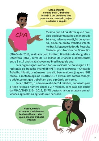 29
Mesmo que o ECA afirme que é proi-
bido qualquer trabalho a menores de
14 anos, salvo na condição de apren-
diz, ainda há muito trabalho infantil
no Brasil. Segundo dados da Pesquisa
Nacional por Amostra de Domicílios
(PNAD) de 2016, realizada pelo Instituto Brasileiro de Geografia e
Estatística (IBGE), cerca de 1,8 milhão de crianças e adolescentes
entre 5 e 17 anos trabalhavam no Brasil naquele ano.
Para organizações como o Fórum Nacional de Prevenção e Er-
radicação do Trabalho Infantil (FNPETI) e a Rede Peteca – Chega de
Trabalho Infantil, os números reais são bem maiores, já que o IBGE
mudou a metodologia na PNAD/2016 e excluiu das contas crianças
e adolescentes que trabalham para o próprio consumo.
Para o FNPETI, o número real é de 2,4 milhões, enquanto para
a Rede Peteca o número chega a 2,7 milhões, com base nos dados
da PNAD/2015.2. Em 2016, 23,7% destas crianças estavam em ati-
vidades agrícolas na agricultura e pecuária.
Esta pergunta
é muito boa! O trabalho
infantil é um problema que
precisa ser resolvido, vejam
os dados a seguir:
Nossa, muitas
crianças e adolescen-
tes trabalham... Mas o
que é mesmo trabalho
infantil?
 