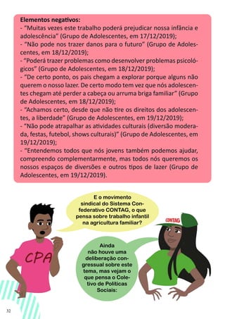 32
Elementos negativos:
- “Muitas vezes este trabalho poderá prejudicar nossa infância e
adolescência” (Grupo de Adolescentes, em 17/12/2019);
- “Não pode nos trazer danos para o futuro” (Grupo de Adoles-
centes, em 18/12/2019);
- “Poderá trazer problemas como desenvolver problemas psicoló-
gicos” (Grupo de Adolescentes, em 18/12/2019);
- “De certo ponto, os pais chegam a explorar porque alguns não
querem o nosso lazer. De certo modo tem vez que nós adolescen-
tes chegam até perder a cabeça ou arruma briga familiar” (Grupo
de Adolescentes, em 18/12/2019);
- “Achamos certo, desde que não tire os direitos dos adolescen-
tes, a liberdade” (Grupo de Adolescentes, em 19/12/2019);
- “Não pode atrapalhar as atividades culturais (diversão modera-
da, festas, futebol, shows culturais)” (Grupo de Adolescentes, em
19/12/2019);
- “Entendemos todos que nós jovens também podemos ajudar,
compreendo complementarmente, mas todos nós queremos os
nossos espaços de diversões e outros tipos de lazer (Grupo de
Adolescentes, em 19/12/2019).
Ainda
não houve uma
deliberação con-
gressual sobre este
tema, mas vejam o
que pensa o Cole-
tivo de Políticas
Sociais:
E o movimento
sindical do Sistema Con-
federativo CONTAG, o que
pensa sobre trabalho infantil
na agricultura familiar?
 
