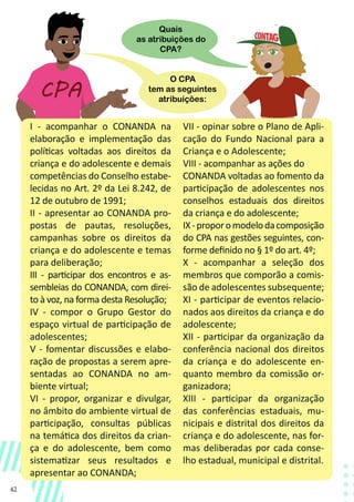 42
I - acompanhar o CONANDA na
elaboração e implementação das
políticas voltadas aos direitos da
criança e do adolescente e demais
competências do Conselho estabe-
lecidas no Art. 2º da Lei 8.242, de
12 de outubro de 1991;
II - apresentar ao CONANDA pro-
postas de pautas, resoluções,
campanhas sobre os direitos da
criança e do adolescente e temas
para deliberação;
III - participar dos encontros e as-
sembleias do CONANDA, com direi-
to à voz, na forma desta Resolução;
IV - compor o Grupo Gestor do
espaço virtual de participação de
adolescentes;
V - fomentar discussões e elabo-
ração de propostas a serem apre-
sentadas ao CONANDA no am-
biente virtual;
VI - propor, organizar e divulgar,
no âmbito do ambiente virtual de
participação, consultas públicas
na temática dos direitos da crian-
ça e do adolescente, bem como
sistematizar seus resultados e
apresentar ao CONANDA;
VII - opinar sobre o Plano de Apli-
cação do Fundo Nacional para a
Criança e o Adolescente;
VIII - acompanhar as ações do
CONANDA voltadas ao fomento da
participação de adolescentes nos
conselhos estaduais dos direitos
da criança e do adolescente;
IX-proporomodelodacomposição
do CPA nas gestões seguintes, con-
forme definido no § 1º do art. 4º;
X - acompanhar a seleção dos
membros que comporão a comis-
são de adolescentes subsequente;
XI - participar de eventos relacio-
nados aos direitos da criança e do
adolescente;
XII - participar da organização da
conferência nacional dos direitos
da criança e do adolescente en-
quanto membro da comissão or-
ganizadora;
XIII - participar da organização
das conferências estaduais, mu-
nicipais e distrital dos direitos da
criança e do adolescente, nas for-
mas deliberadas por cada conse-
lho estadual, municipal e distrital.
Quais
as atribuições do
CPA?
O CPA
tem as seguintes
atribuições:
 
