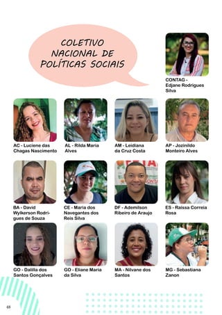 48
COLETIVO
NACIONAL DE
POLÍTICAS SOCIAIS
CONTAG -
Edjane Rodrigues
Silva
MG - Sebastiana
Zanon
AP - Jozinildo
Monteiro Alves
ES - Raíssa Correia
Rosa
AC - Luciene das
Chagas Nascimento
AL - Rilda Maria
Alves
BA - David
Wylkerson Rodri-
gues de Souza
GO - Dalilla dos
Santos Gonçalves
CE - Maria dos
Navegantes dos
Reis Silva
GO - Eliane Maria
da Silva
AM - Leidiana
da Cruz Costa
DF - Ademilson
Ribeiro de Araujo
MA - Nilvane dos
Santos
 