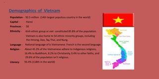 8
Demographics of Vietnam
Population
Capital -
Provinces -
Ethnicity -
- 92.5 million
Hanoi
58
(14th largest populous country in the world)
Kinh ethnic group or viet constituted 85.8% of the population.
Vietnam is also home to 54 ethnic minority groups, including
the Hmong, Dao, Tay, Thai, and Nung.
National language of is Vietnamese. French is the second language.
About 45.3% of the Vietnamese adhere to Indigenous religions,
16.4% to Buddhism, 8.2% to Christianity, 0.4% to other faiths, and
29.6% of the population isn't religious.
93.4% (118th in the world)
Language
Religion -
-
Literacy-
 