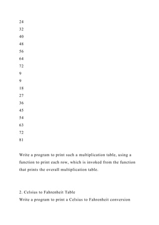 24
32
40
48
56
64
72
9
9
18
27
36
45
54
63
72
81
Write a program to print such a multiplication table, using a
function to print each row, which is invoked from the function
that prints the overall multiplication table.
2. Celsius to Fahrenheit Table
Write a program to print a Celsius to Fahrenheit conversion
 