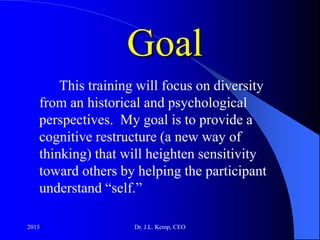 Goal
This training will focus on diversity
from an historical and psychological
perspectives. My goal is to provide a
cognitive restructure (a new way of
thinking) that will heighten sensitivity
toward others by helping the participant
understand “self.”
2015 Dr. J.L. Kemp, CEO
 