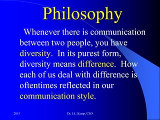 Philosophy
Whenever there is communication
between two people, you have
diversity. In its purest form,
diversity means difference. How
each of us deal with difference is
oftentimes reflected in our
communication style.
2015 Dr. J.L. Kemp, CEO
 