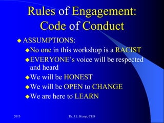 Rules of Engagement:
Code of Conduct
 ASSUMPTIONS:
No one in this workshop is a RACIST
EVERYONE’s voice will be respected
and heard
We will be HONEST
We will be OPEN to CHANGE
We are here to LEARN
2015 Dr. J.L. Kemp, CEO
 