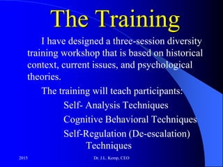 The Training
I have designed a three-session diversity
training workshop that is based on historical
context, current issues, and psychological
theories.
The training will teach participants:
Self- Analysis Techniques
Cognitive Behavioral Techniques
Self-Regulation (De-escalation)
Techniques
2015 Dr. J.L. Kemp, CEO
 