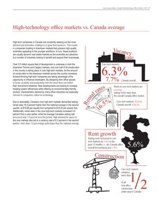 Jones Lang LaSalle • Canada High-technology Office Outlook • 2013 5

High-technology office markets vs. Canada average
High-tech companies in Canada are constantly seeking out the most
talented and innovative employees to grow their business. This results
in companies locating in downtown markets that possess high-quality
amenities appealing to the younger workforce. In turn, these locations
are usually dynamic real estate markets as the amenities are attractive
to a number of industries looking to benefit and expand their businesses.

6.3%
7.7%

...Canada overall

s
ate
lr

Rents in core tech markets are
soaring...
asking 16.5% more than
the overall Canada office market.

.5%
6

Core tech markets: $18.88
Canada overall: $16.20

1

Due to desirability, Canada’s core high-tech markets demanded asking
rental rates 16.5 percent higher than the national average in the second
quarter, at $18.88 per square foot compared to $16.20 per square foot.
Additionally, rental rates in the core high-tech markets increased 5.6
percent from a year earlier, while the average Canadian asking rate
increased only 1.9 percent over this period. High demand for space in
the core markets also led to a vacancy rate of 6.3 percent in the second
quarter, more than 1.0 percentage point lower than the national average.

Core tech markets...

Re
nta

Over 5.0 million square feet of development is underway in both the
downtown Toronto and Calgary markets, and over half of all construction
in the country is taking place in core high-tech markets. As the amount
of construction in the downtown markets across the country increases,
forward-thinking high-tech companies are taking advantage of the
opportunity to influence developers. By designing their office spaces
to foster creativity and productivity from the onset they can further
their recruitment initiatives. New developments are looking to increase
building system efficiencies while offering an environmentally-friendly
product, characteristics desired by many office industries but especially
relevant to companies reliant on technology.

Vacanc
y
rate

Rent growth

Asking rents increased in core
tech markets by 5.6% in the
past 12 months vs. the Canada office
overall increasing by just 1.9%

5.6%

Construction

/2

Core tech markets
comprise
more than

1

of all
new office
construction
under way in Canada

 