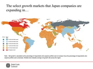 3.2 looking to the future
evolution of portfolio
“Don’t Know” and “Not Applicable” have been
removed for analysis purposes
Questions: C20 / Total n=536
Note - Net growth is calculated as the percentage of respondents who expects portfolio size to increase minus the percentage of respondents who
expects portfolio size to decrease. Shaded area indicates average net growth rate across the region
The select growth markets that Japan companies are
expanding in…
 