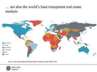 … are also the world’s least transparent real estate
markets
Source: Jones Lang LaSalle Global Real Estate Transparency index (GRETI) 2012
 