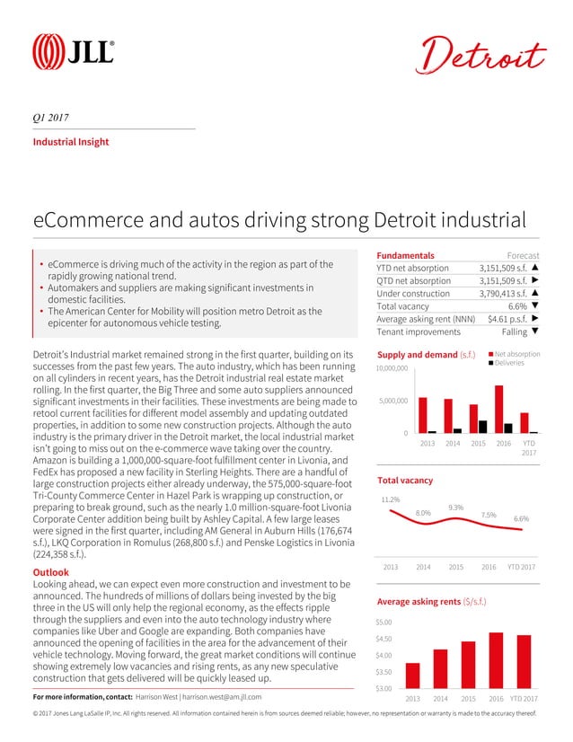 JLL Detroit Industrial Insight & Statistics Q1 2017 PDF