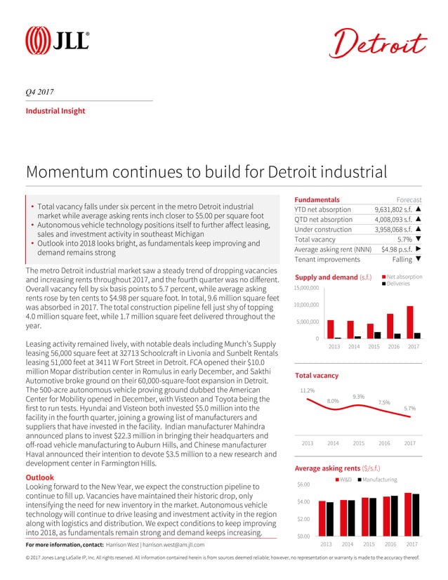 JLL Detroit Industrial Insight & Statistics Q4 2017 PDF