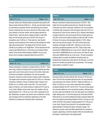 On Point • EMEA Corporate Occupier Conditions – Q4 2011 21




 Kiev                                                                       Moscow

 Cost: € 313 / sq m                                 Choice: 12.0%           Cost: € 894 / sq m                                          Choice: 16.6%

Occupier activity was relatively stable compared to last quarter with      Moscow continued to witness strong demand in Q3 2011, 30%
take-up levels reaching 22,934 sq m. Activity was dominated mainly         higher than the equivalent period last year. Despite the recently
by international companies with the manufacturing and business             announced city-centre construction restrictions, the current pipeline
service companies the most active. Demand for office space is still        is relatively high compared to other European cities with 2.5m sq m
price sensitive in the Kiev market, with the highest demand for            still planned to come into the market by 2014. However International
Grade B stock. There has been a steady increase in total office            occupiers looking for core prime space still have limited options as
stock over the last few years and in Q3 2011 the volume of                 only 20% of the current pipeline located is inside the CBD. In terms
completions was 31,950 sq m. There were four new Class B                   of choice, the vacancy rate decreased slightly to 16.6%, 20bps
business centres delivered to the market and still potential for further   down from the previous quarter. The cost of prime space also
office stock development. The largest will be Premium Centre               remained unchanged at US$1,000- 1,200 per sq m per annum
(36,000 sq m) located on the “Right Bank”. Choice declined with the        (excluding operational expenses and VAT), Class A base rents
vacancy rate falling 50 bps to 12.0% driven by increased market            amounted to US$600-850 per sq m per annum; Class B+ base rents
activity. Prime rents remained stable at US$420 / per sq m per             amounted to US$400-600 per sq m per annum; and Class B- base
annum and no change is expected before the end of 2011.                    rents were US$300-400 per sq m per annum. The less competitive
                                                                           buildings attract occupiers by additional incentives given by
 Krakow                                                                    landlords that include lower rental rates for the first year; a rent free
                                                                           period (4-6 months) and partial fit-out compensation. The average
 Cost: € 180 / sq m                                    Choice: 8.4%
                                                                           lease length is currently 5-7 years.
Krakow witnessed an increase in occupier activity in Q3 2011. There
were rising numbers of enquiries from occupiers seeking new office          Prague
space with a short notice period of around 3-6 months. High levels
                                                                            Cost: € 252 / sq m                                       Choice: 11.8%
of demand are therefore anticipated in the next two quarters.
Occupiers’ enquiries are also focused on space under construction.         Occupier activity was fairly subdued with volumes of 27,323 sq m,
The largest recent transaction signed was for 6,700 sq m in Bonarka        down 10% from the equivalent period last year. Six new properties
4 Business, building B. Choice is relatively stable, however over          were delivered to the market in Q3 2011, totalling 47,980 sq m. A
60,000 sq m is currently under construction. The cost of prime             further 161,000 sq m is now under construction with completion
space in Krakow’s core central locations is stable at €14-15 per sq        scheduled between Q4 2011 and Q1 2013. The cost of prime space
m per month. Effective rents remain lower than headline rents by           has remained stable over nine consecutive quarters, although there
approximately €1.50 – 2.50 per sq m per month, especially for pre-         are some signs that landlords of the very best space are considering
lets. Additionally, occupiers may receive cash contributions, moving       higher asking prices. For the time being prime rents stand at €252.
cost coverage and fit-out contribution depending on the initial            Rental levels on non prime buildings have also remained stable with
standard of a building and individual clients' requirement.                Inner City projects commanding between €14.90-17.50 per sq m per
                                                                           month and Outer City locations ranging between €13-14.50 per sq
                                                                           m per month. Second hand products in all submarkets stand at
                                                                           approximately €1.50 below the above mentioned ranges. The
                                                                           pressure to provide incentives differs significantly from property to
                                                                           property, depending on both the situation within the submarket and
                                                                           the length of vacant period in the property itself.
 