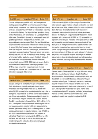 On Point • EMEA Corporate Occupier Conditions – Q4 2011 7




 Amsterdam                                                                 Athens

 Cost: € 335 / sq m      Competition: 57,000 sq m    Choice: 17.1%         Cost: € 270 / sq m       Competition: n/a                  Choice: 15.8%

Occupier activity picked up slightly in Q3, with leasing volumes          GDP contracted by 3.5% in 2010 according to Eurostat and the
reaching approximately 57,000 sq m. Volumes were driven by a              latest forecasts suggest this trend is likely to continue this year albeit
number of large transactions, from a wide range of sectors, in the city   with a rather broad range, between -3.5% (EU) and -5.9% (National
centre and Zuidas districts, with >2,000 sq m transactions accounting     Bank of Greece). Records from Global Insight show severe
for around 60% of activity. The largest deal was recorded in the city     increases in unemployment of around one in three people aged
centre, where Booking.com signed a lease for 12,500 sq m of prime         between 15 and 29 years being unemployed. Choice in the market
office space. Competition is strongest for prime space in areas with      increased, with a vacancy rate of 15.8%, up 13% compared to the
good transport links and close proximity to amenities. More               equivalent period last year. The cost of prime space continued to fall
peripheral locations such as parts of South East and Sloterdijk have      and compared to pre crisis levels are down approximately 41% at
become somewhat less desirable, with these two districts accounting       €270 per sq m. The highest rents continue to be found in the CBD
for around 50% of total vacancy. Whilst overall supply remained           but very few transactions have been recorded given the current
stable over the quarter at around 1.1 million sq m, choice increased      climate. Occupier activity has increased more in the north of Athens
marginally in secondary locations. The overall vacancy rate remains       and top rents here are €216 per sq m which reflects a 5.3% drop on
relatively high at 17.1%. With the majority of moves involving a ‘trade   the previous year. Corporate occupiers relocating to the Northern
up’ in terms of building quality; the amount of relatively old, out-of-   submarkets are driven almost exclusively by cost cutting objectives
date stock on the market continues to increase. Prime rents               adding momentum to buildings along or off the National Motorway.
remained stable at around €280 - €335 / sq m per annum. Costs in
peripheral locations are somewhat lower ranging between €175 -             Barcelona
€215 / sq m per annum. Rent free periods remain the most
                                                                           Cost: € 225 / sq m       Competition: 60,487 sq m            Choice:13.4%
commonly used incentive, with 12 months rent free on a 5-year lease
obtainable in large parts of the market.                                  Demand levels in Q3 reached 60,487 sq m, up 19% q-on-q and up
                                                                          2% on the equivalent quarter last year. Despite the difficult
 Antwerp                                                                  economic situation, demand levels in Barcelona remain strong and
                                                                          the 250,000 sq m forecast for Barcelona at the start of the year
 Cost: € 145 / sq m      Competition: 30,710 sq m    Choice: 11.5%
                                                                          remains a realistic figure. On the supply side vacancy rates have
Occupier activity in Q3 reached 30,710 sq m across 30 transactions.       begun to trend downwards and stood at 13.4% at end Q3. No
Deals were driven by the public sector with the two largest               speculative development is due to come to the market by the end of
transactions accounting for 65% of total take-up. Year to date            2011, reducing further the choice of new space. Rental costs
activity fell 22% compared to the equivalent period last year. After a    remained stable during Q3, largely due to a lack of rental evidence,
strong 2010, occupier activity for 2011 as a whole is expected to be      however our rental outlook has been modified and a gentle
near 10-year average levels. Choice decreased slightly due to the         slowdown in costs is now expected to continue into 2012.
lack of completions this year, combined with sustained demand.
Over 2011, overall choice in Antwerp fell from 12.9% in Q1 to 11.5%
in Q3. Development activity is expected to remain very low over the
next few years. Just one project of 5,900 sq m is expected to be
delivered speculatively during Q4 2011 in the Ring district. A further
two speculative projects are expected to deliver a total of 15,000 sq
m in 2012. Costs remained stable over the third quarter in all
submarkets. The prime rent currently stands at €145 per sq m for
the Center, and at €136 per sq m in the Ring district. Only very
limited rental growth is anticipated, driven primarily by supply
shortages for the best space.
 