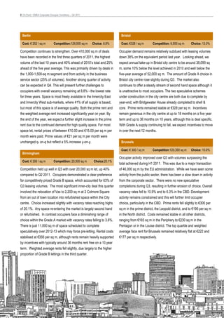 8 On Point • EMEA Corporate Occupier Conditions – Q4 2011




  Berlin                                                                     Bristol

  Cost: € 252 / sq m           Competition:129,500 sq m     Choice: 8.8%     Cost: €328 / sq m       Competition: 6,500 sq m      Choice: 13.0%

Competition continues to strengthen. Over 410,000 sq m of deals             Occupier demand remains relatively subdued with leasing volumes
have been recorded in the first three quarters of 2011, the highest         down 38% on the equivalent period last year. Looking ahead, we
volume of the last 10 years and 40% ahead of 2010’s total and 25%           expect annual take-up in Bristol city centre to be around 38,090 sq
ahead of the five year average. This was primarily driven by deals in       m, some 10% below the level achieved in 2010 and well below the
the 1,000-1,500-sq m segment and from activity in the business              five-year average of 52,000 sq m. The amount of Grade A choice in
service sector (25% of volumes). Another strong quarter of activity         Bristol city centre rose slightly during Q3. The market also
can be expected in Q4. This will present further challenges to              continues to offer a steady stream of second hand space although it
occupiers with overall vacancy remaining at 8.8% - the lowest rate          is unattractive to most occupiers. The two speculative schemes
for three years. Space is most freely available in the Innercity East       under construction in the city centre are both due to complete by
and Innercity West sub-markets, where 41% of all supply is based,           year-end, with Bridgewater House already completed to shell &
but most of this space is of average quality. Both the prime rent and       core. Prime rents remained stable at €328 per sq m. Incentives
the weighted average rent increased significantly year on year. By          remain generous in the city centre at up to 18 months on a five year
the end of the year, we expect a further slight increase in the prime       term and up to 36 months on 10 years, although this is deal specific.
rent due to the continued demand for high quality space. For most           With Grade A supply continuing to fall, we expect incentives to move
space let, rental prices of between €10.00 and €15.00 per sq m per          in over the next 12 months.
month were paid. Prime values of €21 per sq m per month were
unchanged q- on-q but reflect a 5% increase y-on-y.                          Brussels

                                                                             Cost: € 300 / sq m      Competition:120,350 sq m     Choice: 10.9%
  Birmingham
                                                                            Occupier activity improved over Q3 with volumes surpassing the
  Cost: € 356 / sq m           Competition: 20,500 sq m      Choice:20.1%
                                                                            total achieved during H1 2011. This was due to a major transaction
Competition held up well in Q3 with over 20,000 sq m let, up 40%            of 46,000 sq m by the EU administration. While we have seen some
compared to Q2 2011. Occupiers demonstrated a clear preference              activity from the public sector, there has been a slow down in activity
for competitively priced Grade B space, which accounted for 63% of          from the corporate sector. There were no new speculative
Q3 leasing volumes. The most significant inner-city deal this quarter       completions during Q3, resulting in further erosion of choice. Overall
involved the relocation of Vax to 2,200 sq m at 2 Colmore Square            vacancy rates fell to 10.9% and to 6.3% in the CBD. Development
from an out of town location into refurbished space within the City         activity remains constrained and this will further limit occupier
centre. Choice increased slightly with vacancy rates reaching highs         choice, particularly in the CBD. Prime rents fell slightly to €300 per
of 20.1%. Any space re-entering the market is largely second hand           sq m in the prime district, the Leopold district, and to €195 per sq m
or refurbished. In contrast occupiers face a diminishing range of           in the North district. Costs remained stable in all other districts,
choice within the Grade A market with vacancy rates falling to 3.6%.        ranging from €165 sq m in the Periphery to €230 sq m in the
There is just 11,000 sq m of space scheduled to complete                    Pentagon or in the Louise district. The top quartile and weighted
speculatively over 2012-13 which may force pre-letting. Rental costs        average face rent for Brussels remained relatively flat at €222 and
stabilised at €356 per sq m, although rents remain heavily supported        €177 per sq m respectively.
by incentives with typically around 36 months rent free on a 10 year
term. Weighted average rents fell slightly, due largely to the higher
proportion of Grade B lettings in the third quarter.
 