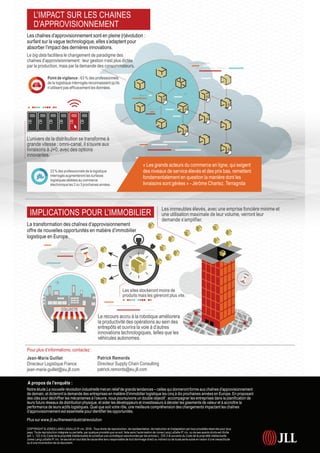 A propos de l’enquête :
Notre étude La nouvelle révolution industrielle met en relief de grands tendances – celles qui donneront forme aux chaînes d’approvisionnement
de demain, et dicteront la demande des entreprises en matière d’immobilier logistique les cinq à dix prochaines années en Europe. En proposant
des clés pour déchiffrer les mécanismes à l’oeuvre, nous poursuivons un double objectif : accompagner les entreprises dans la planification de
leurs futurs réseaux de distribution physique, et aider les développeurs et investisseurs à déceler les gisements de valeur et à accroître la
performance de leurs actifs logistiques. Quel que soit votre rôle, une meilleure compréhension des changements impactant les chaînes
d’approvisionnement est essentielle pour identifier les opportunités.
Plus sur www.jll.eu/thenewindustrialrevolution
COPYRIGHT © JONES LANG LASALLE IP, inc. 2016 - Tous droits de reproduction, de représentation, de traduction et d’adaptation par tous procédés réservés pour tous
pays. Toute reproduction intégrale ou partielle, par quelque procédé que ce soit, faite sans l’autorisation de Jones Lang LaSalle IP, inc. ou de ses ayants droits est illicite
(art. L. 122-4 du Code de la propriété intellectuelle) et constitue une contrefaçon sanctionnée par les articles L. 335-2 et suivants du Code de la propriété intellectuelle.
Jones Lang LaSalle IP, inc. ne saurait en tout état de cause être tenu responsable de tout dommage direct ou indirect ou de toute perte subie en raison d’une inexactitude
ou d’une incorrection de ce document.
Pour plus d’informations, contactez :
Jean-Marie Guillet
Directeur Logistique France
jean-marie.guillet@eu.jll.com
Patrick Remords
Directeur Supply Chain Consulting
patrick.remords@eu.jll.com
Les immeubles élevés, avec une emprise foncière minime et
une utilisation maximale de leur volume, verront leur
demande s’amplifier.
Les sites stockeront moins de
produits mais les gèreront plus vite.
Les chaînes d’approvisionnement sont en pleine (r)évolution :
surfant sur la vague technologique, elles s’adaptent pour
absorber l’impact des dernières innovations.
L’IMPACT SUR LES CHAINES
D’APPROVISIONNEMENT
La transformation des chaînes d’approvisionnement
offre de nouvelles opportunités en matière d’immobilier
logistique en Europe.
IMPLICATIONS POUR L’IMMOBILIER
23 % des professionnels de la logistique
interrogés augmenteront les surfaces
logistiques dédiées au commerce
électronique les 2 ou 3 prochaines années.
« Les grands acteurs du commerce en ligne, qui exigent
des niveaux de service élevés et des prix bas, remettent
fondamentalement en question la manière dont les
livraisons sont gérées » - Jérôme Charlez, Terragnita
L’univers de la distribution se transforme à
grande vitesse : omni-canal, il s’ouvre aux
livraisons à J+0, avec des options
innovantes.
Le big data facilitera le changement de paradigme des
chaînes d’approvisionnement : leur gestion n’est plus dictée
par la production, mais par la demande des consommateurs.
Le recours accru à la robotique améliorera
la productivité des opérations au sein des
entrepôts et ouvrira la voie à d’autres
innovations technologiques, telles que les
véhicules autonomes.
COLLECTE
Point de vigilance : 63 % des professionnels
de la logistique interrogés reconnaissent qu’ils
n’utilisent pas efficacement les données.
 