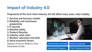 Impact of Industry 4.0
Proponents of the term claim Industry 4.0 will affect many areas, most notably:
1. Services and business models
2. Reliability and continuous
productivity
3. IT security
4. Machine safety
5. Product lifecycles
6. Industry value chain
7. Workers' education and skills
8. Socio-economic factors
Industry 4.0 Gives Birth to a New
Generation of Jobs
Industrial Data Scientists Robot Coordinator
Industrial UX Designer IT/IoT Solution Architect
 