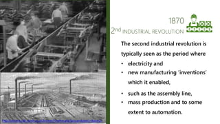1870
2nd INDUSTRIAL REVOLUTION
The second industrial revolution is
typically seen as the period where
• electricity and
• new manufacturing ‘inventions’
which it enabled,
• such as the assembly line,
• mass production and to some
extent to automation.
http://victoria.cdlr.strath.ac.uk/browseTimeline.php?group=&year1=&year2=
 