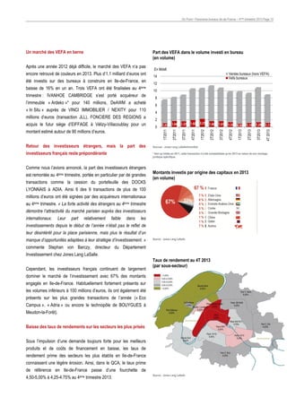 On Point • Panorama bureaux Ile-de-France – 4ème trimestre 2013 Page 10

Un marché des VEFA en berne

Part des VEFA dans le volume investi en bureau
(en volume)

4

Retour des investisseurs étrangers, mais la part des
investisseurs français reste prépondérante

1,05

1,64

1,57

1,92

2,23

1,60

1,61

1,32

0,90

1,10

1,28

1,11

3T2013

4T 2013

montant estimé autour de 90 millions d’euros.

0

2T2013

acquis le futur siège d’EIFFAGE à Vélizy-Villacoublay pour un

1T2013

2
1T2011

millions d’euros (transaction JLL), FONCIERE DES REGIONS a

6

4T2012

« In Situ » auprès de VINCI IMMOBILIER / NEXITY pour 110

8

3T2012

l’immeuble « Ardeko »* pour 140 millions, DeAWM a acheté

10

2T2012

trimestre : IVANHOE CAMBRIDGE s’est porté acquéreur de

12

1T2012

baisse de 16% en un an. Trois VEFA ont été finalisées au 4ème

Ventes bureaux (hors VEFA)
Vefa bureaux

14

4T2011

été investis sur des bureaux à construire en Ile-de-France, en

En Mds€

3T2011

encore retrouvé de couleurs en 2013. Plus d’1,1 milliard d’euros ont

2T2011

Après une année 2012 déjà difficile, le marché des VEFA n’a pas

Sources : Jones Lang LaSalle/ImmoStat
* bien qu’initiée en 2011, cette transaction n’a été comptabilisée qu’en 2013 en raison de son montage
juridique spécifique.

Comme nous l’avions annoncé, la part des investisseurs étrangers
est remontée au 4ème trimestre, portée en particulier par de grandes
transactions comme la cession du portefeuille des DOCKS

Montants investis par origine des capitaux en 2013
(en volume)

LYONNAIS à ADIA. Ainsi 6 des 9 transactions de plus de 100
millions d’euros ont été signées par des acquéreurs internationaux
au 4ème trimestre. « La forte activité des étrangers au 4ème trimestre
démontre l’attractivité du marché parisien auprès des investisseurs
internationaux.

Leur

part

relativement

faible

dans

les

investissements depuis le début de l’année n’était pas le reflet de
leur désintérêt pour la place parisienne, mais plus le résultat d’un
manque d’opportunités adaptées à leur stratégie d’investissement. »

Source : Jones Lang LaSalle

commente Stephan von Barczy, directeur du Département
Investissement chez Jones Lang LaSalle.
Cependant, les investisseurs français continuent de largement

Taux de rendement au 4T 2013
(par sous-secteur)

dominer le marché de l’investissement avec 67% des montants
engagés en Ile-de-France. Habituellement fortement présents sur
les volumes inférieurs à 100 millions d’euros, ils ont également été
présents sur les plus grandes transactions de l’année (« Eco
Campus », « Adria » ou encore le technopôle de BOUYGUES à
Meudon-la-Forêt).
Baisse des taux de rendements sur les secteurs les plus prisés
Sous l’impulsion d’une demande toujours forte pour les meilleurs
produits et de coûts de financement en baisse, les taux de
rendement prime des secteurs les plus établis en Ile-de-France
connaissent une légère érosion. Ainsi, dans le QCA, le taux prime
de référence en Ile-de-France passe d’une fourchette de
4,50-5,00% à 4,25-4.75% au 4ème trimestre 2013.

Source : Jones Lang LaSalle

 