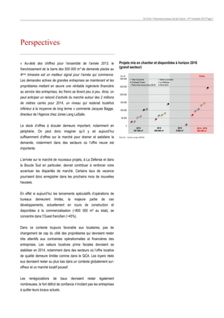 On Point • Panorama bureaux Ile-de-France – 4ème trimestre 2013 Page 7

Perspectives
« Au-delà des chiffres pour l’ensemble de l’année 2013, le
franchissement de la barre des 500 000 m² de demande placée au
4ème trimestre est un meilleur signal pour l’année qui commence.
Les demandes actives de grandes entreprises se maintenant et les
propriétaires mettant en œuvre une véritable ingénierie financière
au service des entreprises, les freins se lèvent peu à peu. Ainsi, on
peut anticiper un rebond d’activité du marché autour des 2 millions
de mètres carrés pour 2014, un niveau qui resterait toutefois
inférieur à la moyenne de long terme » commente Jacques Bagge,

Projets mis en chantier et disponibles à horizon 2016
(grand secteur)
En m²
300 000
250 000

TOTAL
1ère Couronne
Croissant Ouest
Paris intra-muros (hors QCA)

2ème Couronne
La Défense
Paris QCA

200 000
150 000
100 000

directeur de l’Agence chez Jones Lang LaSalle.
50 000

Le stock d’offres à écouler demeure important, notamment en
périphérie. On peut donc imaginer qu’il y ait aujourd’hui
suffisamment d’offres sur le marché pour drainer et satisfaire la
demande, notamment dans des secteurs où l’offre neuve est
importante.
L’arrivée sur le marché de nouveaux projets, à La Défense et dans
la Boucle Sud en particulier, devrait contribuer à renforcer voire
accentuer les disparités de marché. Certains taux de vacance
pourraient donc enregistrer dans les prochains mois de nouvelles
hausses.
En effet si aujourd’hui les lancements spéculatifs d’opérations de
bureaux

demeurent

limités,

la

majeure

partie

de

ces

développements, actuellement en cours de construction et
disponibles à la commercialisation (~800 000 m² au total), se
concentre dans l’Ouest francilien (~45%).
Dans ce contexte toujours favorable aux locataires, pas de
changement de cap du côté des propriétaires qui devraient rester
très attentifs aux contraintes opérationnelles et financières des
entreprises. Les valeurs locatives prime faciales devraient se
stabiliser en 2014, notamment dans des secteurs où l’offre locative
de qualité demeure limitée comme dans le QCA. Les loyers réels
eux devraient rester au plus bas dans un contexte globalement suroffreur et un marché locatif poussif.
Les

renégociations

de

baux

devraient

rester

également

nombreuses, le fort déficit de confiance n’incitant pas les entreprises
à quitter leurs locaux actuels.

0

2014
387 000 m²

Source : Jones Lang LaSalle

2015
406 000 m²

2016
9 000 m²

2014 - 2016
802 000 m²

 